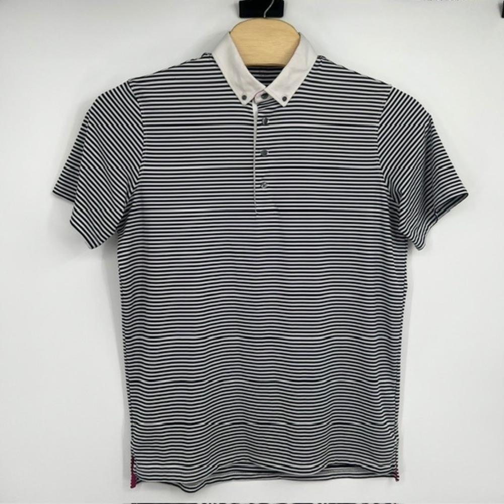 Greyson Men's L Striped Performance Golf Navy and White Short Sleeve Polo Shirt